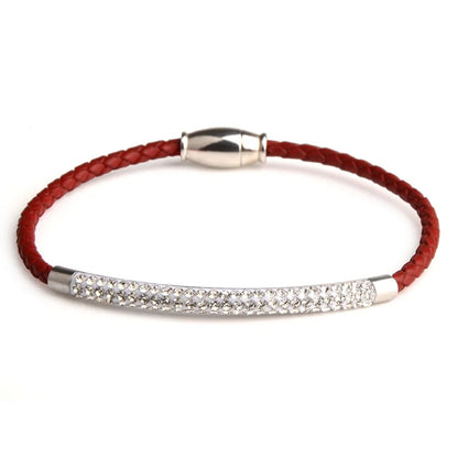Chanfar Genuine Leather Stainless Steel Bracelet With Magnetic Clasp Wrap Rhinestone Pave Bracelet