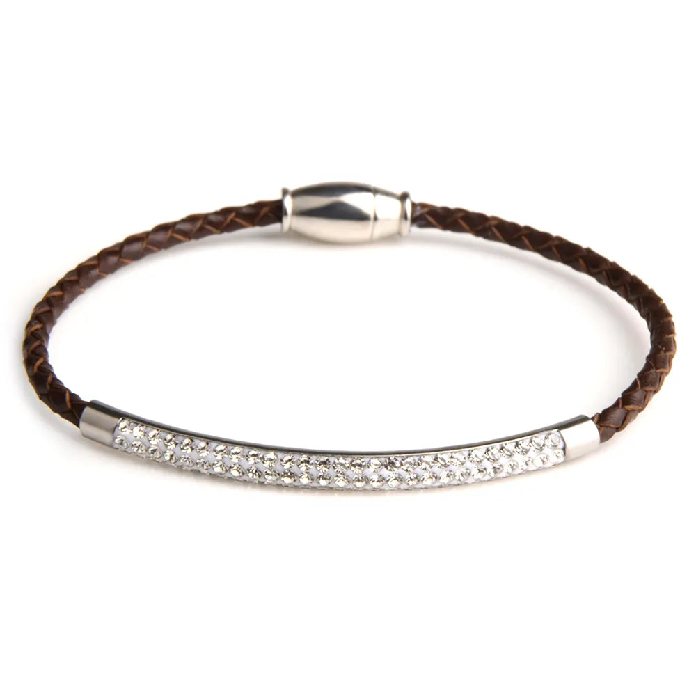 Chanfar Genuine Leather Stainless Steel Bracelet With Magnetic Clasp Wrap Rhinestone Pave Bracelet