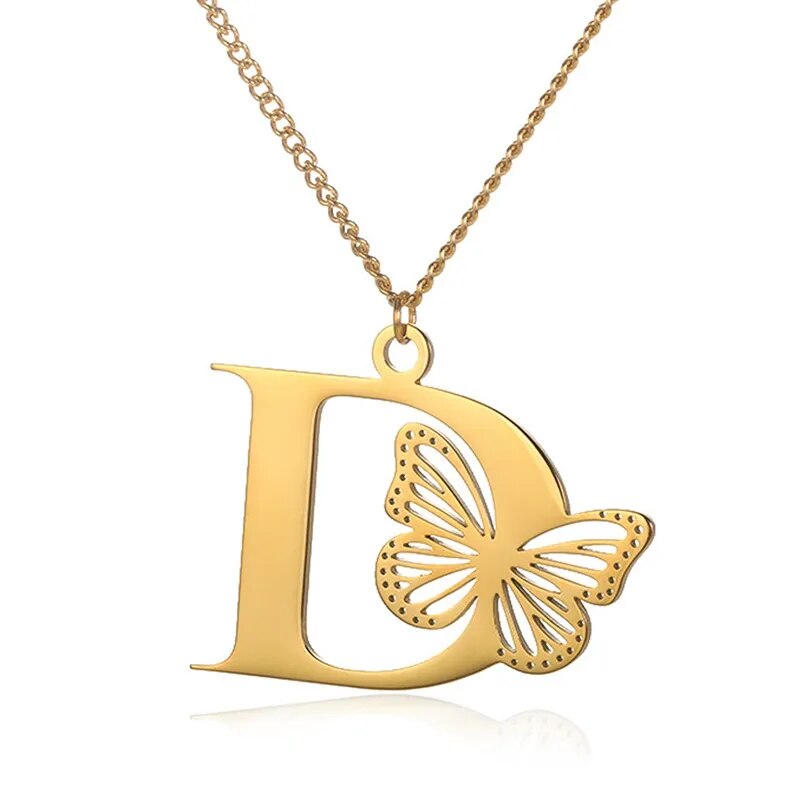 Dainty Big Hollow Butterfly Letters Necklaces for Women Girl Jewelry Stainless Steel Chain Initial Pendant Necklace Gold Color