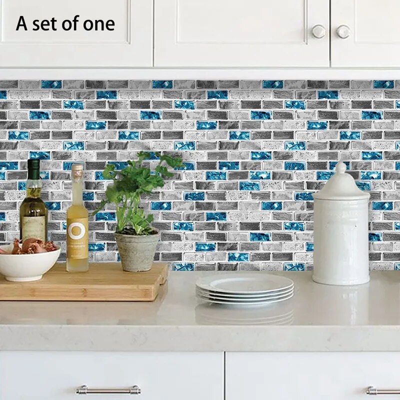 Vivid Tiles Blue Peel And Stick Tiles 3D Brick Effect Waterproof Kitchen Backsplash Decor Self Adhesive Wallpaper
