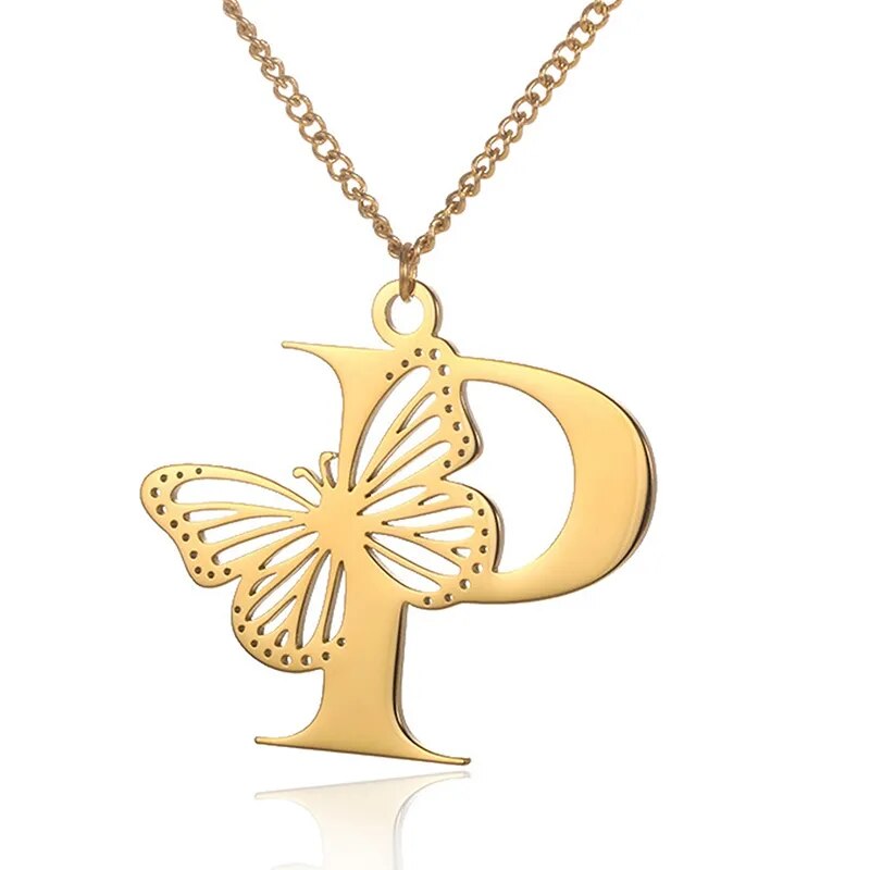 Dainty Big Hollow Butterfly Letters Necklaces for Women Girl Jewelry Stainless Steel Chain Initial Pendant Necklace Gold Color
