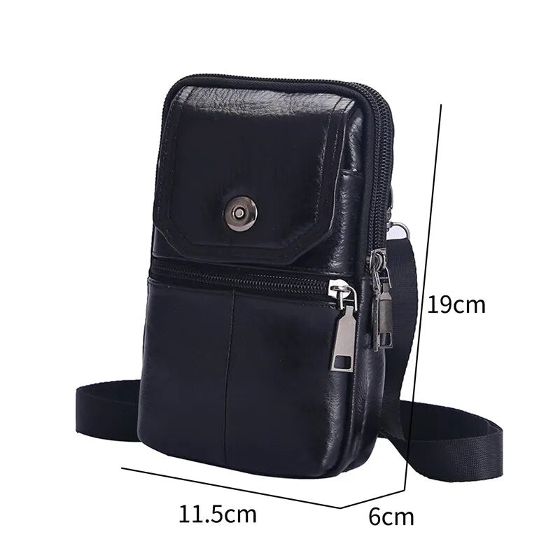 Men Messenger Crossbody Bag Cowhide Leather Mobile Phone Pouch Pocket Wallet Male Travel Waist Multi-Pockets Chest Pack Purse