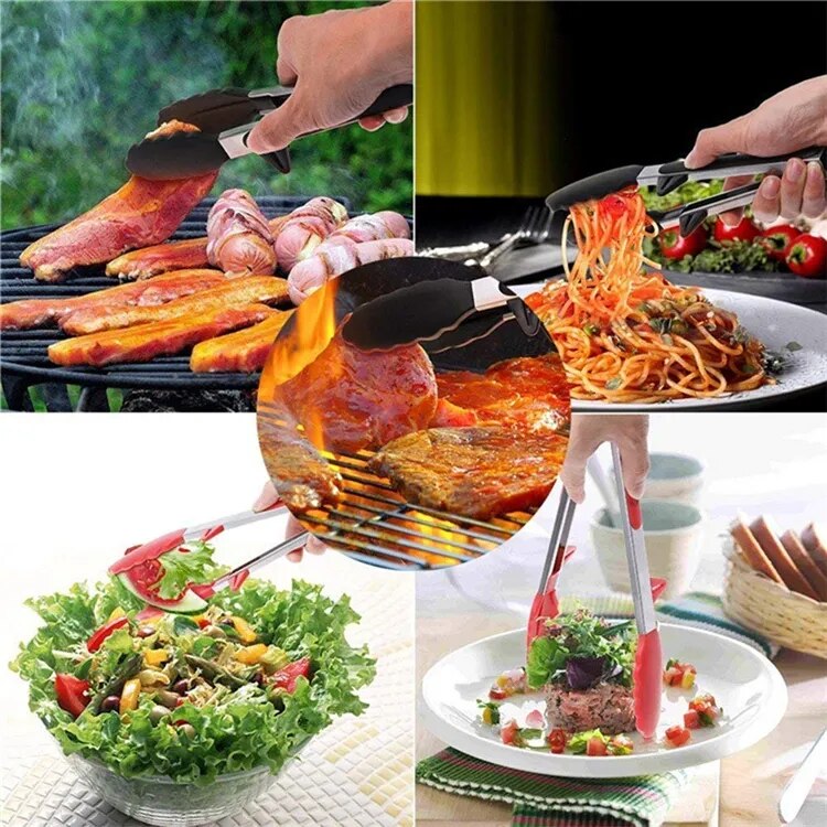 Kitchen Cooking Tongs Heat Resistant Stainless Steel BBQ Tong with Silicone Tips and Stand Design For Salad Grill